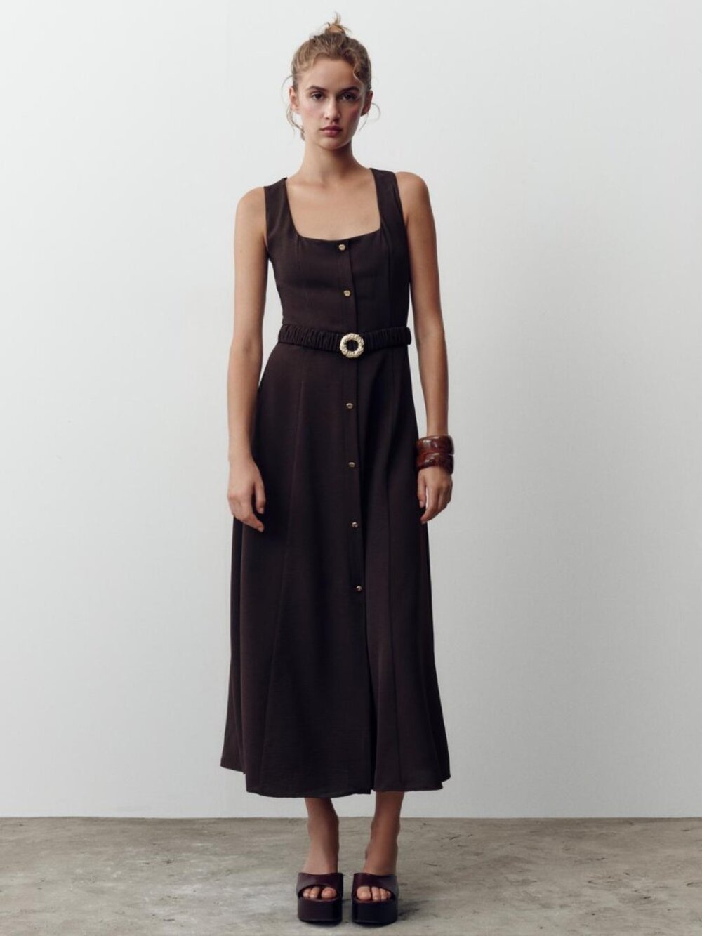 Zara Belted Midi Dress Brown Sleeveless Square Neck Gold Buckle XS NWT Vacation